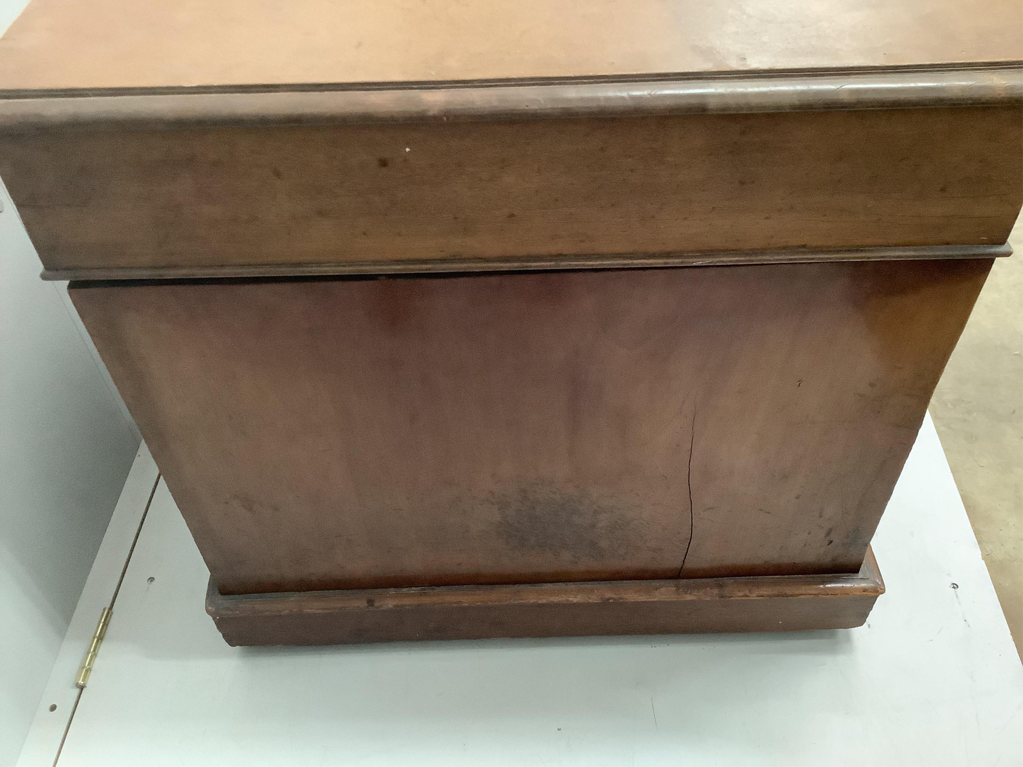 A Victorian mahogany pedestal desk, fitted eight small drawers, boarded top, width 151cm, depth 79cm, height 76cm. Condition - poor